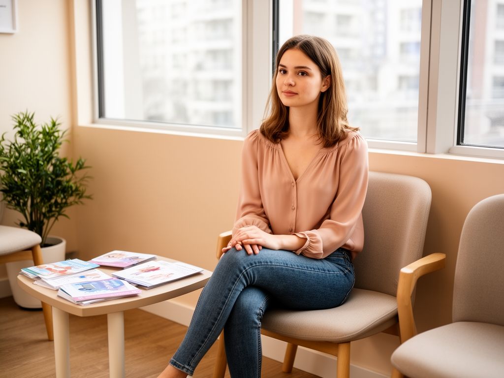 Mladá žena sedí v moderní čekárně gynekologické ordinace u stolu s brožurami.