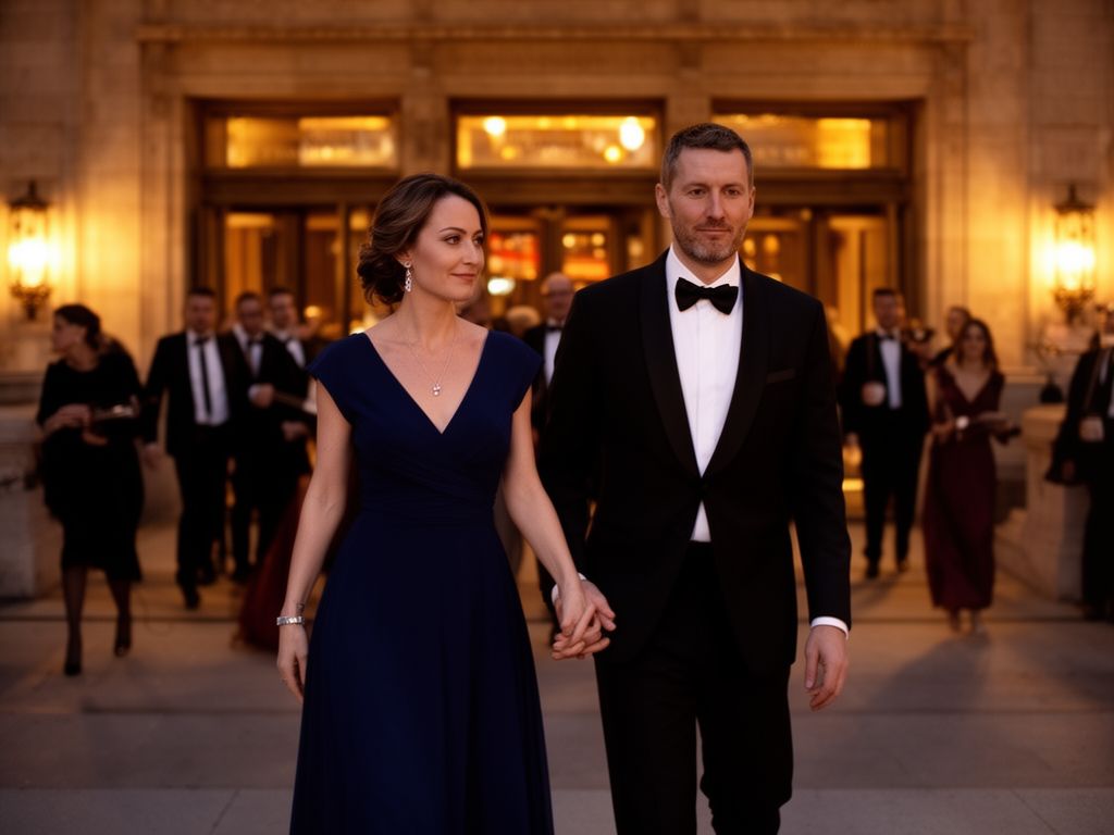 Stylový pár v elegantním oblečení přichází k historickému divadlu na večerní hudební akci.