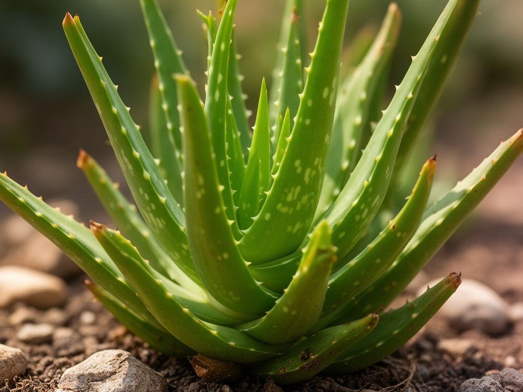 Detailní fotografii Aloe arborescens se zelenými listy s vroubkovanými okraji v přirozeném osvětlení