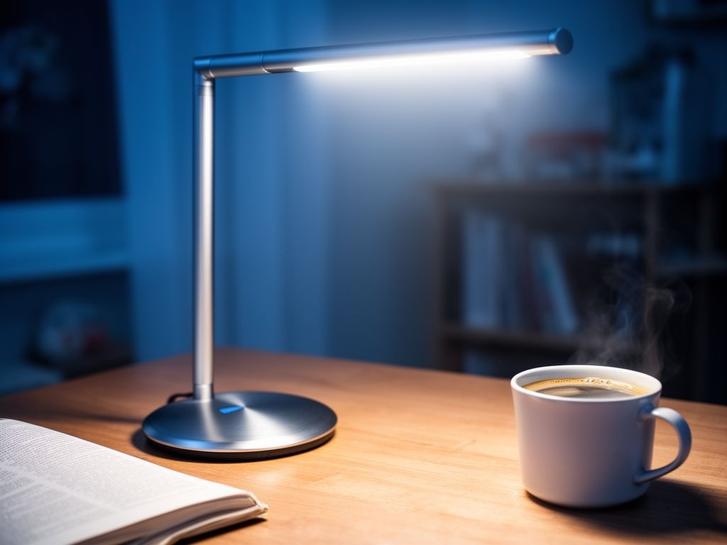 Moderní LED stolní lampa svítí studeným bílým světlem na pracovní stůl s knihou a šálkem kávy.