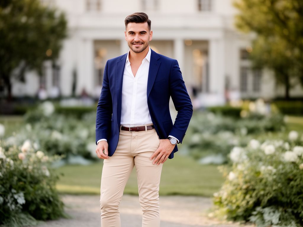 Stylový muž na svatbě v modrém blejzru, bílém tričku a béžových kalhotách, stojící venku u elegantního místa.