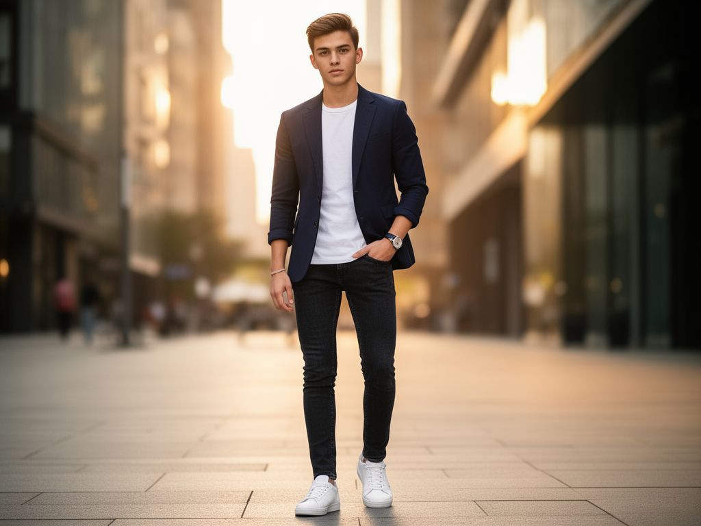 Stylový mladý muž v modrém saku a bílém tričku ve městě za zlaté hodiny