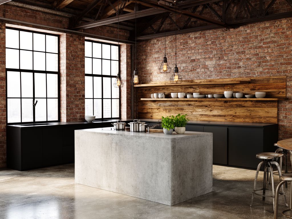 Moderní loft kuchyně s černými skříňkami, cihlovou zdí a betonovým ostrovem v industriálním stylu