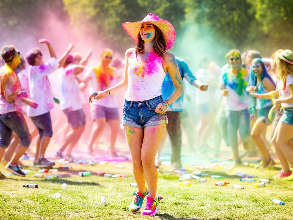 Mladá žena na barevném festivalu s práškovými barvami, lidé tancují na trávě za slunečného dne