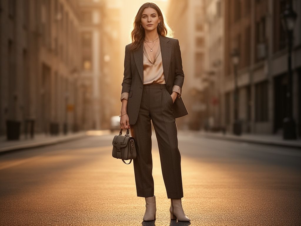 Mladá žena v módním outfitu stojí na městské ulici za zlaté hodiny s minimalistickými doplňky.