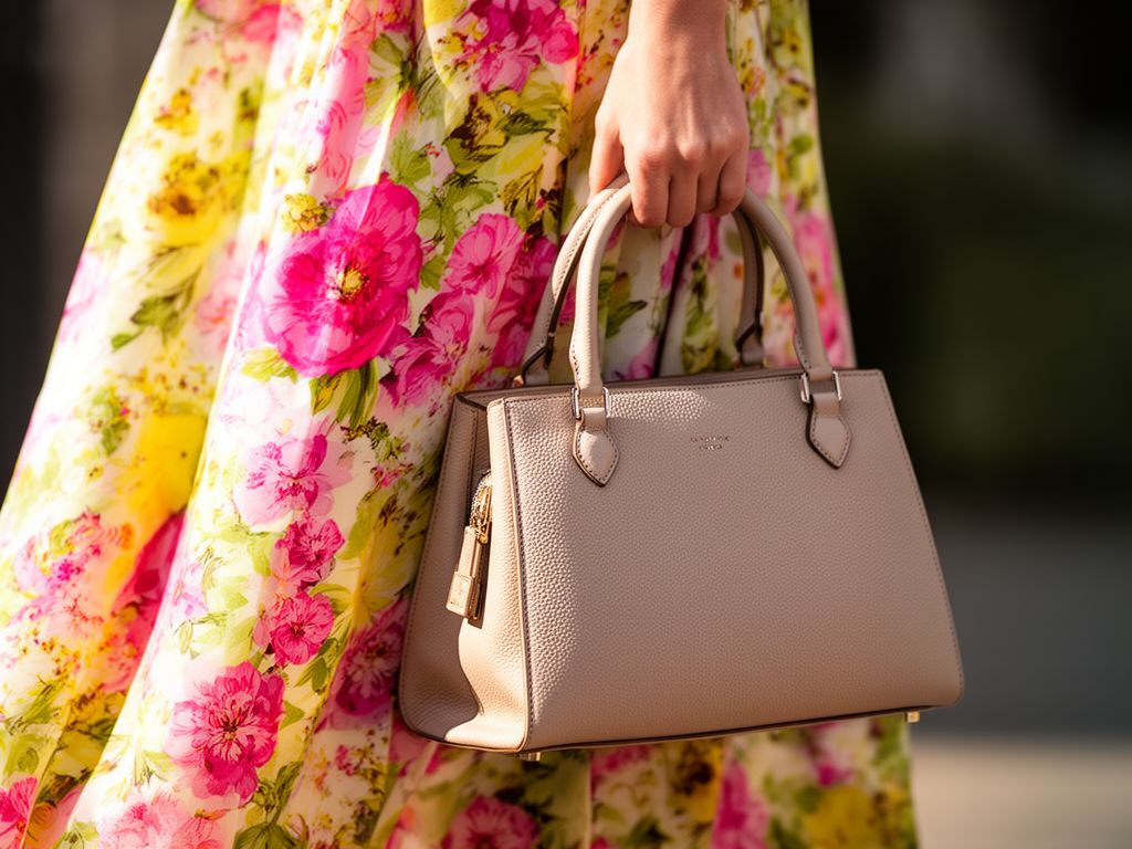Žena drží elegantní kabelku vedle květinových šatů s barevnými vzory na světlé látce.