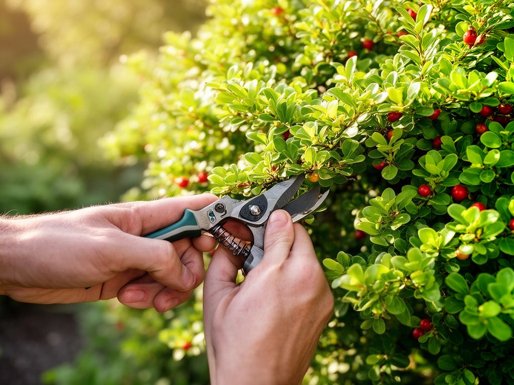 Zahradník prořezává Cotoneaster horizontalis s červenými bobulemi na slunečné zahradě.
