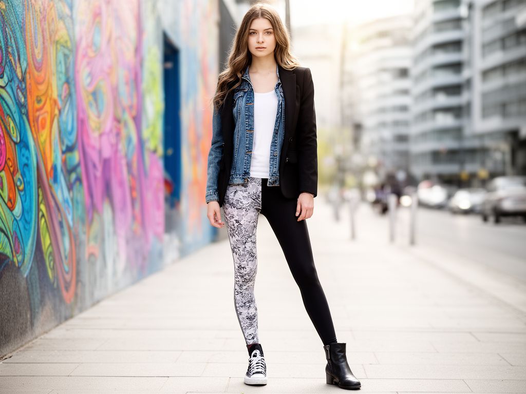 Mladá žena na ulici v odlišném stylu legín, jeden casual, druhý elegantní, s městským pozadím.