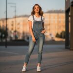 Módní mladá žena v denimových overalech a bílem tričku pózuje ve městě za zlaté hodiny.